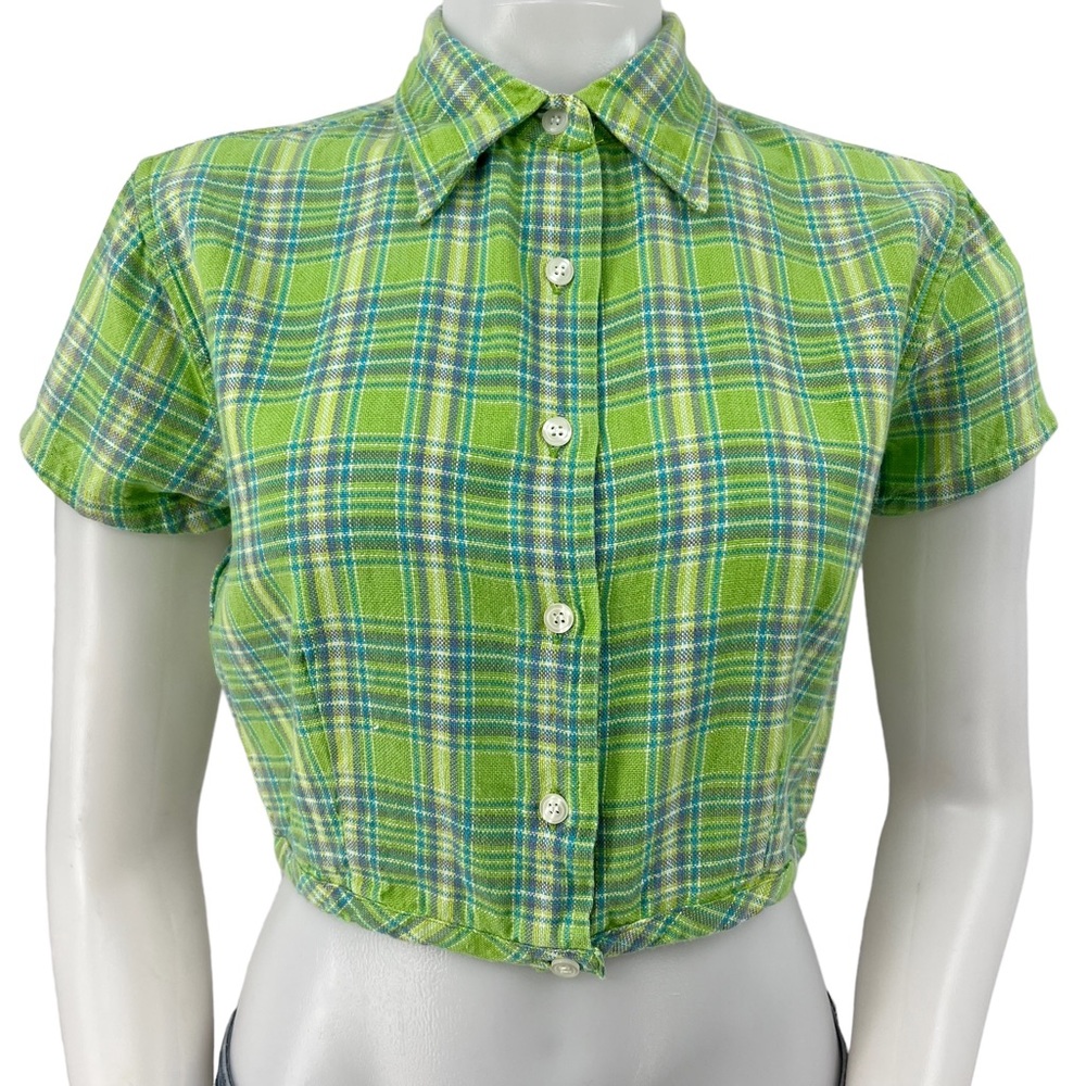 Vintage Cropped Fitted 100% Cotton Short Sleeve Plaid Button Down Shirt